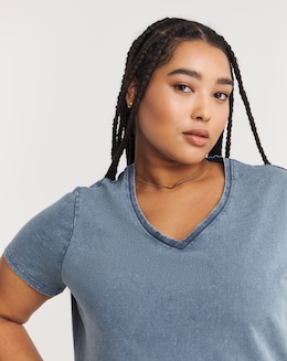 Washed Blue Slub V Neck Tee