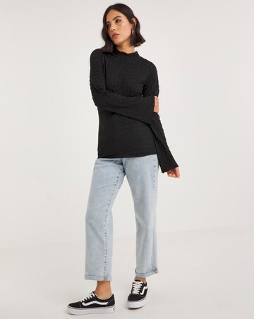 Black Textured Frill Hem Top
