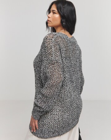 Grey Twist Open Knit V Neck Slouchy Longline Jumper