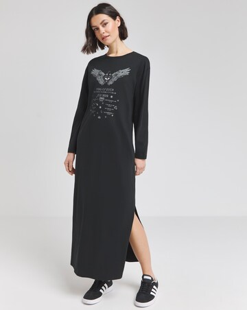 Black Cotton Jersey Long Sleeve Graphic T-Shirt Dress