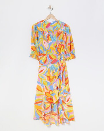 Abstract Print Ruffle Front Wrap Midi Dress