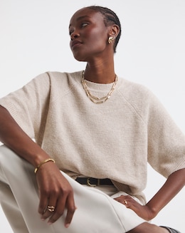 Cosy Yarn Oatmeal Short Sleeve Boxy Knitted T-Shirt