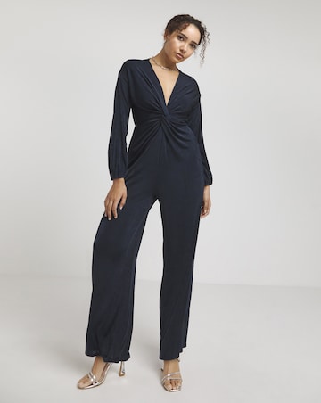 Simply Be Navy Slinky Knot Front Wide Leg Jumpsuit