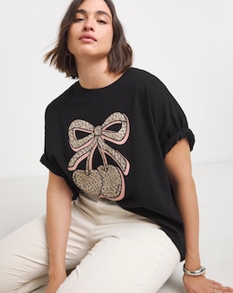 Simply Be Black Leopard Cherry Graphic T-Shirt