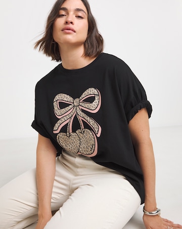 Simply Be Black Leopard Cherry Graphic T-Shirt