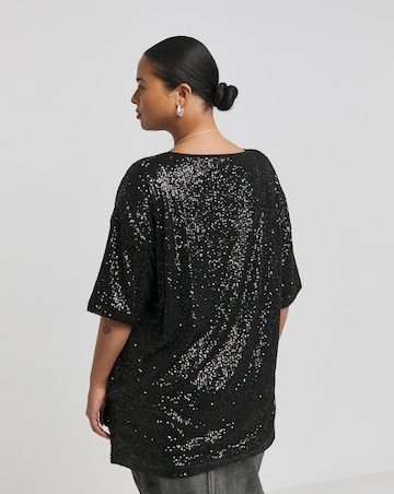 Black Linear Sequin Oversized T-Shirt