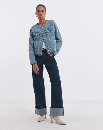 Fitted Collarless Boucle Textured Denim Jacket