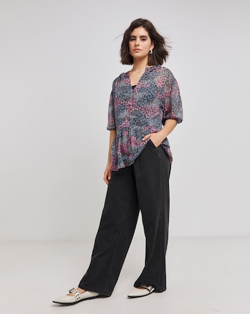 Black Floral V Neck Chiffon Peplum Blouse with Frills