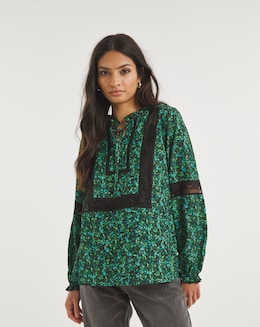 Premium Lace Trim Detail Tie Neck Blouse