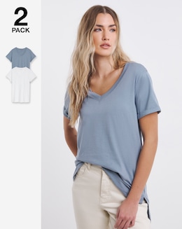 Simply Be White &amp; Blue 2 Pack Longline Pure Cotton V Neck T-Shirts