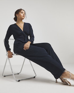 Simply Be Navy Slinky Knot Front Wide Leg Jumpsuit