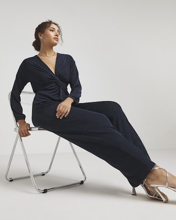 Simply Be Navy Slinky Knot Front Wide Leg Jumpsuit
