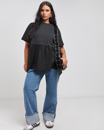 Simply Be Black Jersey Poplin Mix Drawstring Waist Smock Top