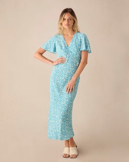 Ro&amp;Zo Blue Ditsy Print Puff Sleeve Midi Dress