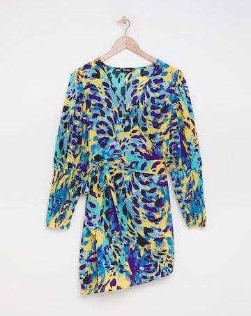 Animal Print Wrap Dress With Shirred Sleeve