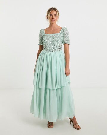 Maya Curve Sequin Embellished Tiered Tulle Maxi Dress