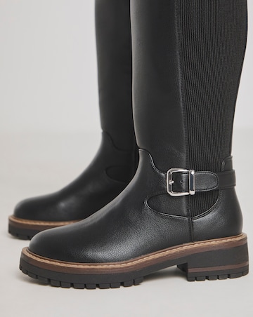 Apollo Knee High Elasticated Boots Buckle Detail - Wide Fit (E) & Curvy Calf