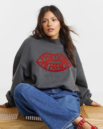 Simply Be Charcoal Marl Pardon My French Flocked Graphic High Neck Sweatshirt