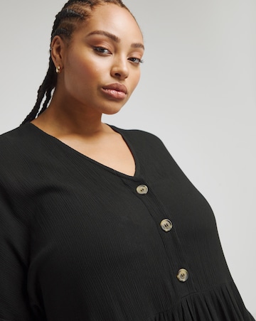 Black Crinkle Button Through Pocket Smock Dress