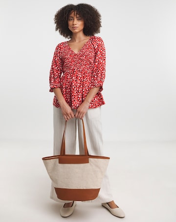 Red Print Shirred Bodice V Neck Top