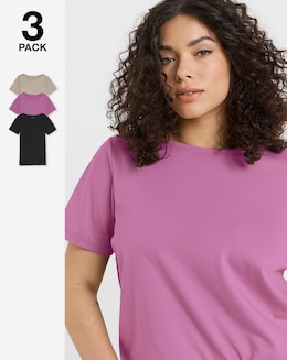 Black, Taupe &amp; Pink 3 Pack Pure Cotton Short Sleeve Slash Neck Tops