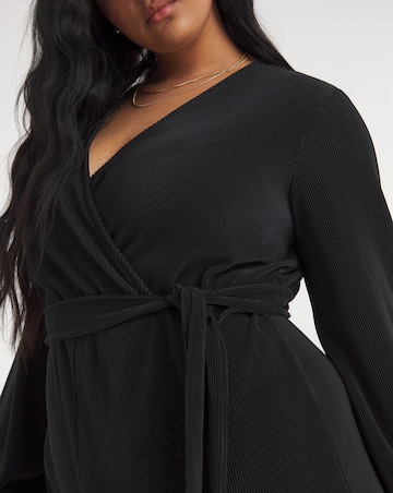 Black Wide Leg Belted Plisse Jumpsuit