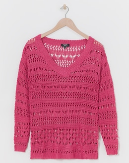 Pink Wide V Neck Crochet  Jumper