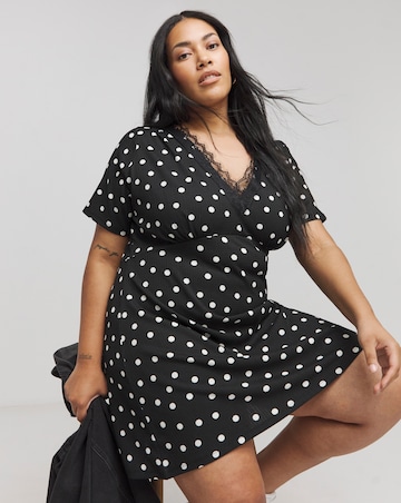 Spot Print Waffle Lace Trim Skater Dress