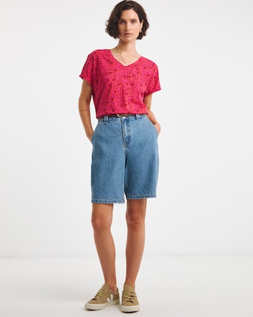 Pure Cotton Pink Print V Neck Printed T-Shirt