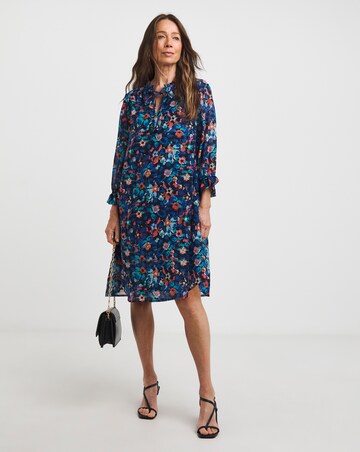 Trapeze Swing Dress with Tie Neck and Shirred Detail