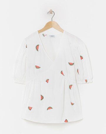 Simply Be Ivory Poplin Watermelon Embroidered Puff Sleeve Blouse