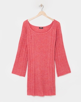 Pink Rib Slash Neck Knitted Mini Dress