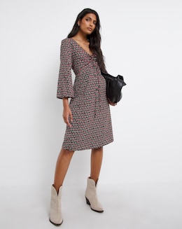 Geo Print Ruched Tie Neck A-Line Dress