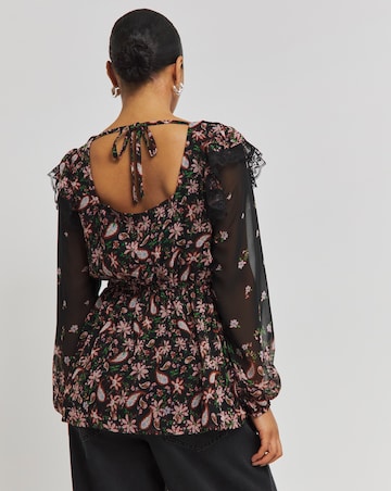 Black Floral Square Neck Smock Blouse with Lace Trim & Frill Details