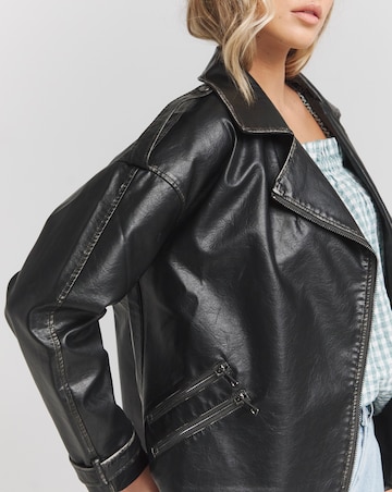 Simply Be Black Worn Vintage Look Faux Leather Oversized Biker Jacket