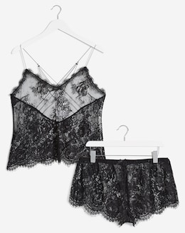 Figleaves Gigi Galloon Lace Cami and Short Set - Black