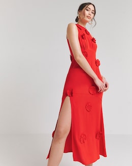 Hope &amp; Ivy Keely Red High Neck Rose Sleeveless Maxi Dress