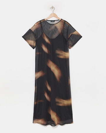 Black Blurred Printed Mesh T-Shirt Dress