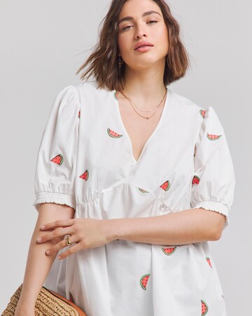 Simply Be Ivory Poplin Watermelon Embroidered Puff Sleeve Blouse