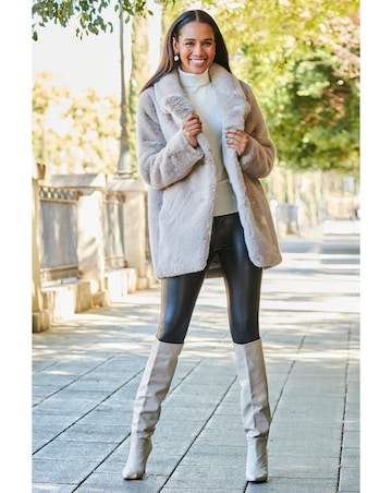 Sosandar Taupe Premium Faux Fur Coat with Button Detail