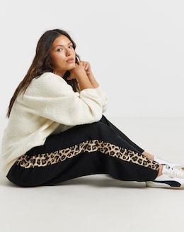Black &amp; Leopard Side Stripe Wide Leg Joggers