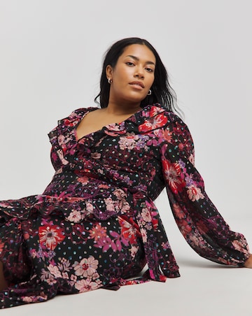 Floral Foil Printed Wrap Midi Dress