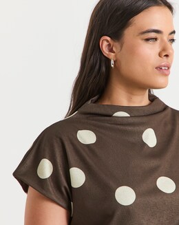 Simply Be Chocolate Spot Slash Neck Mesh Top