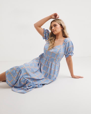 Gingham Print Sweetheart Neck Midi Dress