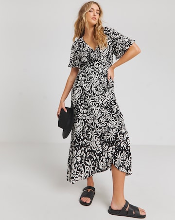 Mono Print Crinkle Wrap Midi Dress