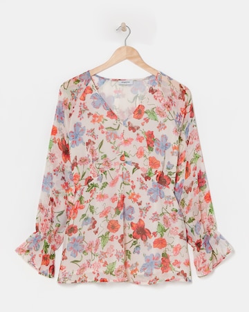 Ivory Floral Print V Neck Long Sleeve Chiffon Blouse