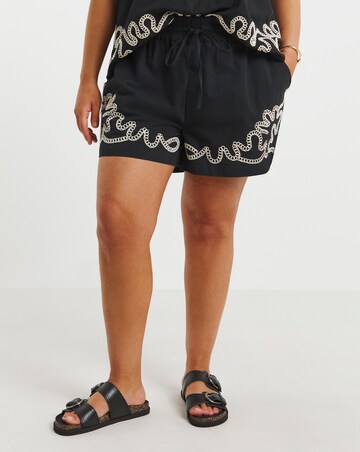 Simply Be Black Embroidered Tie Waist Shorts