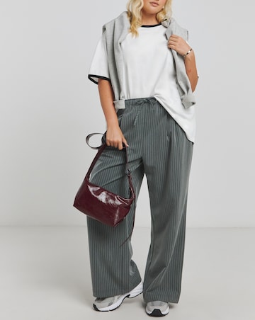 Grey Pinstripe Drawcord Waist Wide Leg Trousers