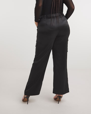 Black Stretch Satin Cargo Wide Leg Trousers