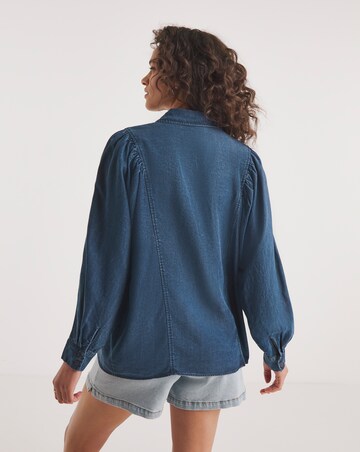 Dark Blue Volume Sleeve Soft Lyocell Denim Blouse